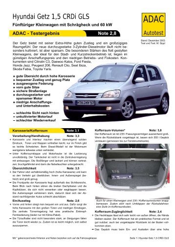 Umfassender Test Hyundai Getz 1,5 CRDi GLS - ADAC