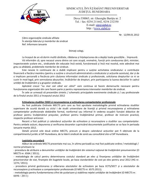 Informare 12 din 9 ianuarie 2012 - SIP Hunedoara