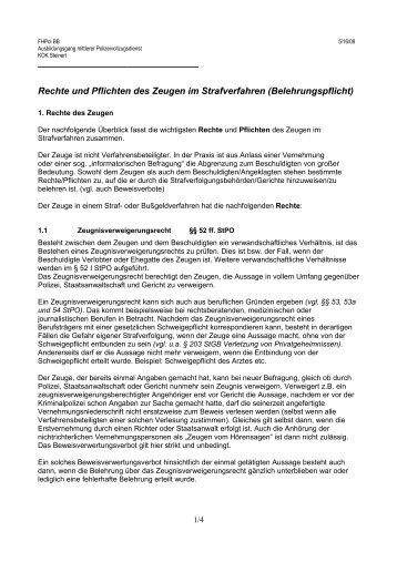 Rechte und Pflichten des Zeugen im Strafverfahren (Belehrungspflicht)