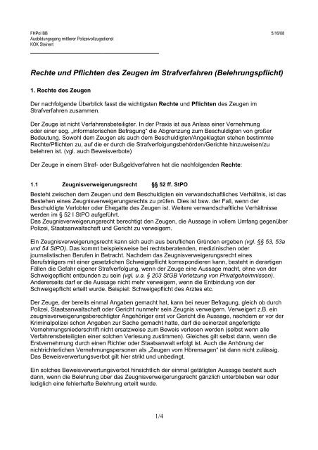 Rechte und Pflichten des Zeugen im Strafverfahren (Belehrungspflicht)