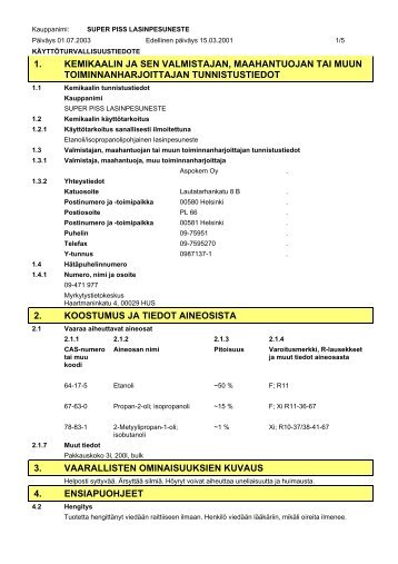 1. kemikaalin ja sen valmistajan, maahantuojan tai muun ... - HL Group