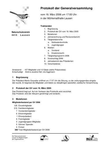 Protokoll der GV vom 18. März 2006 - Naturschutzverein Lausen