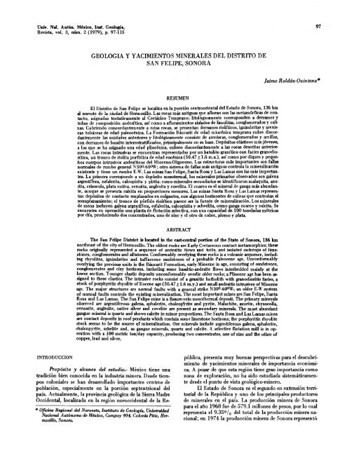 geologia y yacimientos minerales del distrito de san felipe,'sonora