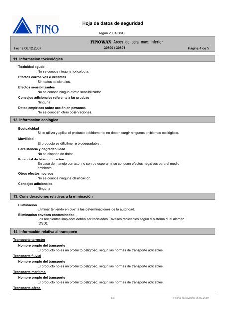 Hoja de datos de seguridad Arcos de cera max. inferior - FINO