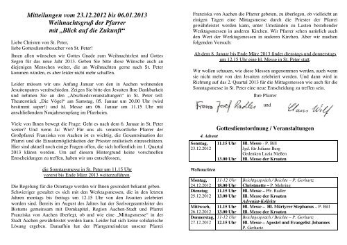 Gemeindebrief zum Jahreswechsel - Pfarre Franziska von Aachen