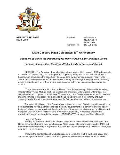 50th Anniversary Press Release Little Caesars Pizza