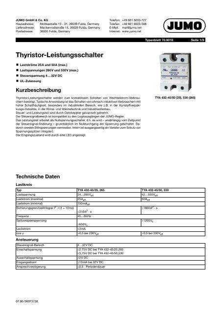 Thyristor-Leistungssteller JUMO TYA 201 709061/8-01-05