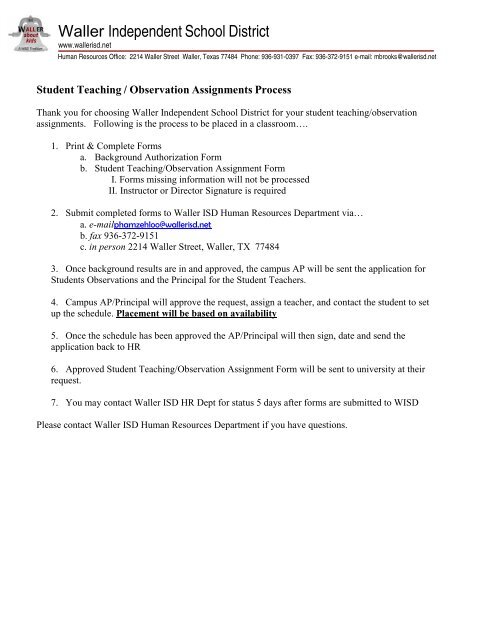 Student Teaching / Observation Assignments - Waller ISD