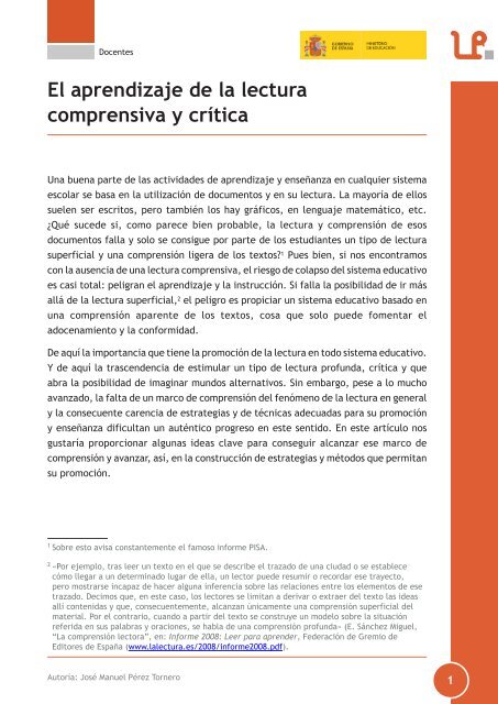 El aprendizaje de la lectura comprensiva y crÃ­tica - Gabinete de ...