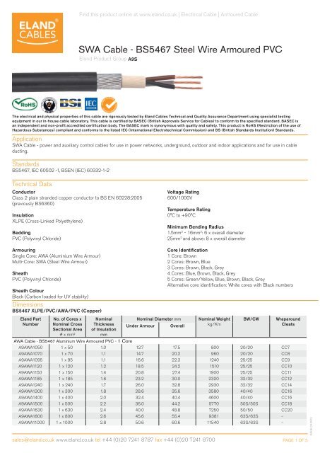 SWA Cable - BS5467 Steel Wire Armoured PVC - Eland Cables