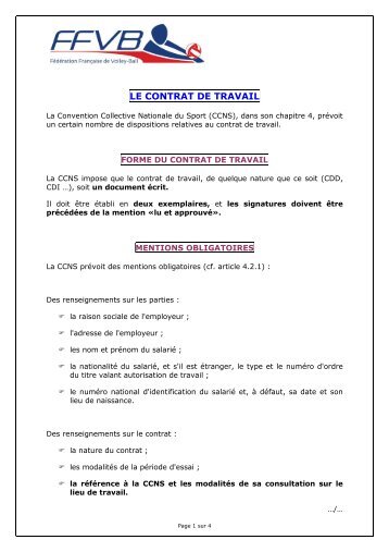 LE CONTRAT DE TRAVAIL - Extranet FFVB