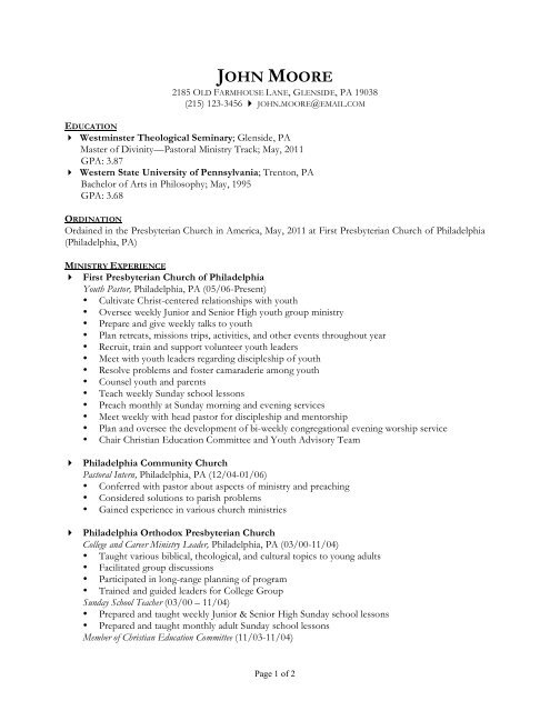 Sample Ordained Ministry Resume - Westminster Theological ...