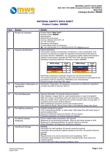 MATERIAL SAFETY DATA SHEET Product Codes MW980