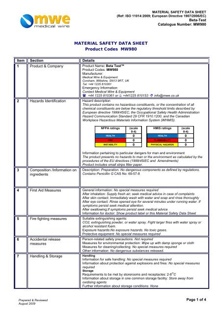 MATERIAL SAFETY DATA SHEET Product Codes MW980