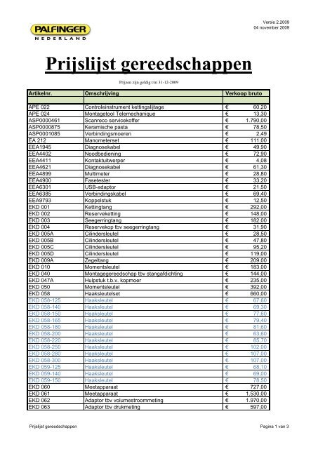 Gereedschappen prijslijst versie 2-2009 (intern gebruik ... - Palfinger