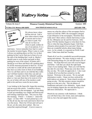 History Notes - Waseca County Historical Society