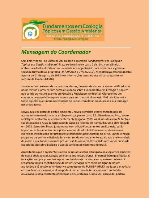 Curso de ExtensÃ£o via Internet - Ecologia e GestÃ£o Ambiental - UFMG