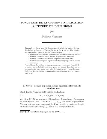 FONCTIONS DE LYAPUNOV : APPLICATION - Laboratoire de ...