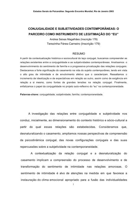 conjugalidade e subjetividades contemporâneas - Estados Gerais ...