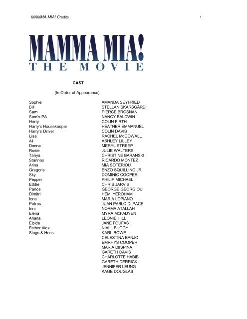 Credits MAMMA MIA! - SYE Publicity