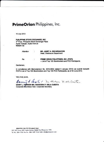 For the Quarter ended 30 June 2012 - Prime Orion Philippines, Inc.