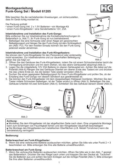 Montageanleitung Funk-Gong Set / Modell 61205 - Chamberlain