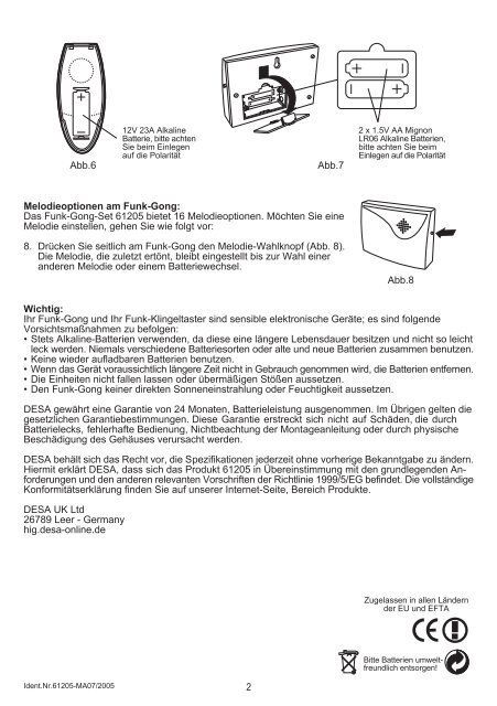 Montageanleitung Funk-Gong Set / Modell 61205 - Chamberlain