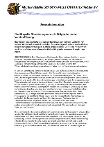 Presseinformation Stadtkapelle Oberriexingen sucht Mitglieder in ...