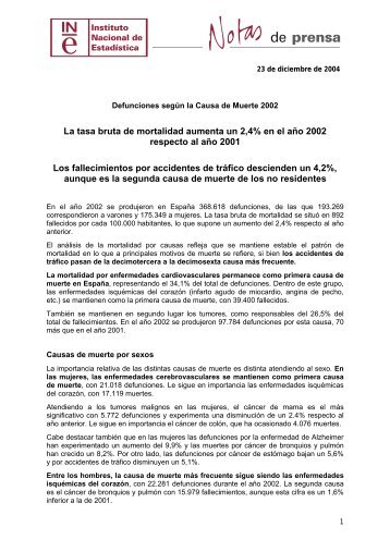 La tasa bruta de mortalidad aumenta un 2,4% en el aÃ±o 2002 ...