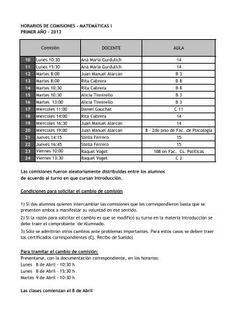 Horarios y comisiones Matemáticas I – 1º año 2013