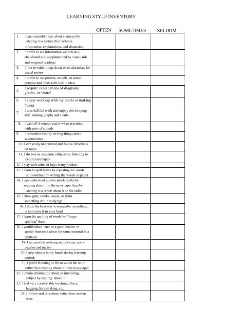 The Learning Style Inventory Example LEARNING STYLE INVENTORY OFTEN SOMETIMES SELDOM