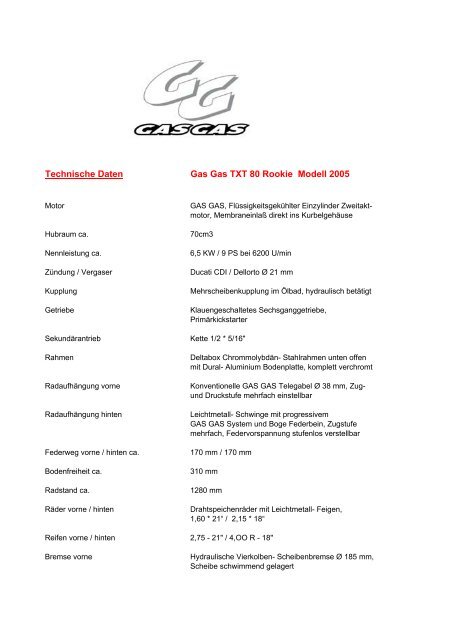 Technische Daten Gas Gas TXT 80 Rookie Modell Kivo Trialcenter