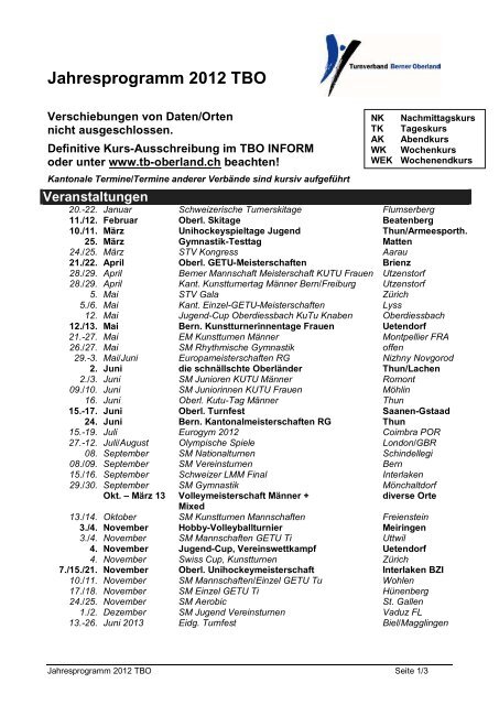 Jahresprogramm 2012 TBO - Turnverband Berner Oberland