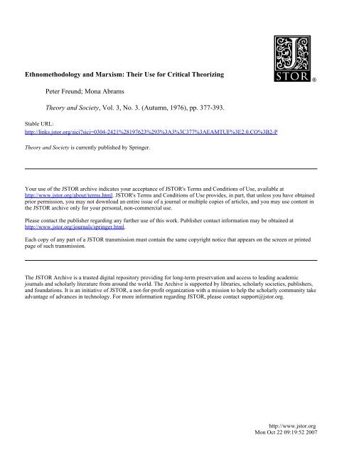 Ethnomethodology and Marxism: Their Use for Critical Theorizing ...