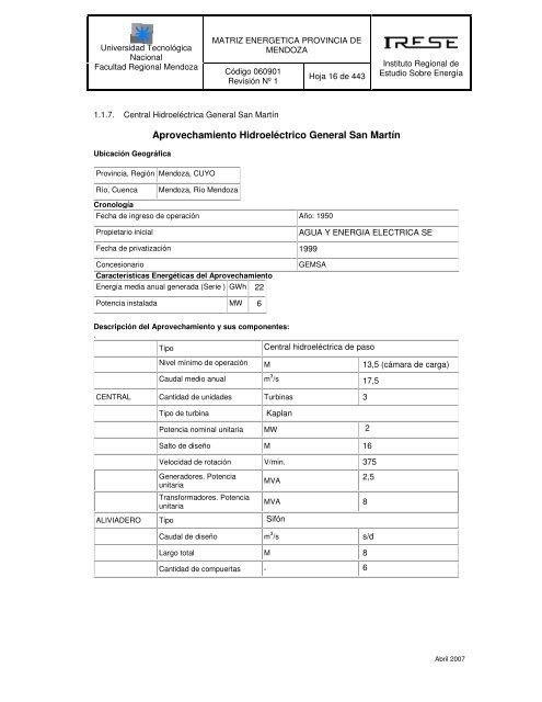 MATRIZ ENERGETICA INTEGRAL DE LA PROVINCIA DE MENDOZA