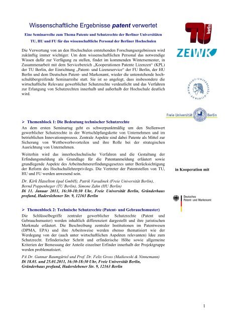 Wissenschaftliche Ergebnisse patent verwertet - ZEWK - TU Berlin