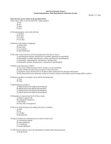 AnS SI 214 Practice Exam 3 Female Reproduction, Male ...