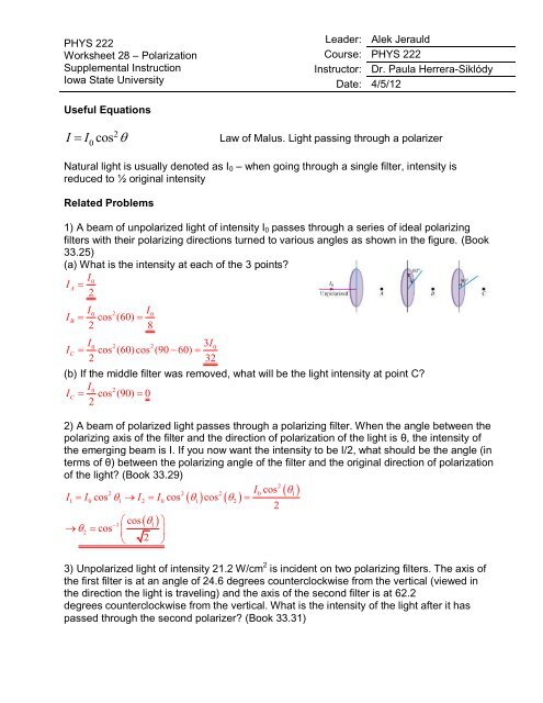 PHYS 222 Worksheet 28 Polarization ANSWERS - Iowa State 