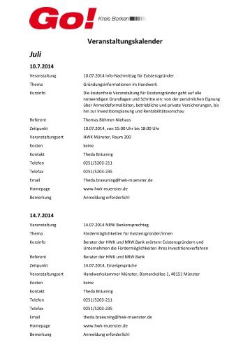 Veranstaltungskalender für Existenzgründer und Jungunternehmen