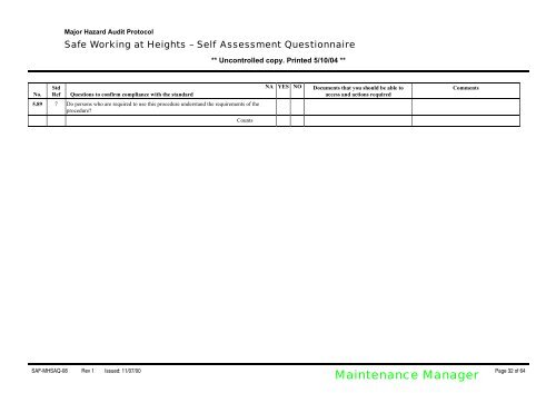 Self Assessment Questionnaire Safe Working at Height ... - MIRMgate