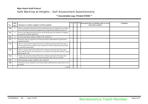 Self Assessment Questionnaire Safe Working at Height ... - MIRMgate