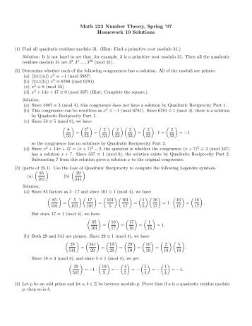 Math 223 Number Theory, Spring '07 Homework 10 Solutions