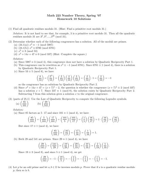 Math 223 Number Theory, Spring '07 Homework 10 Solutions