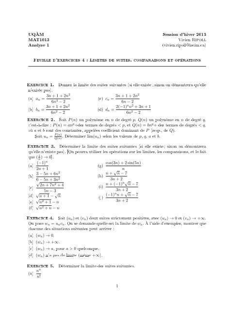 Feuille d'exercices 4 : Limites de suites, comparaisons et opérations ...