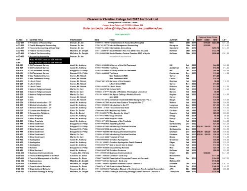 Clearwater Christian College Fall 2012 Textbook List