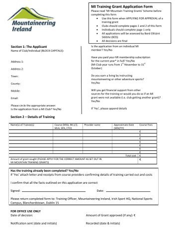 MI Training Grant Application Form - Mountaineering Ireland