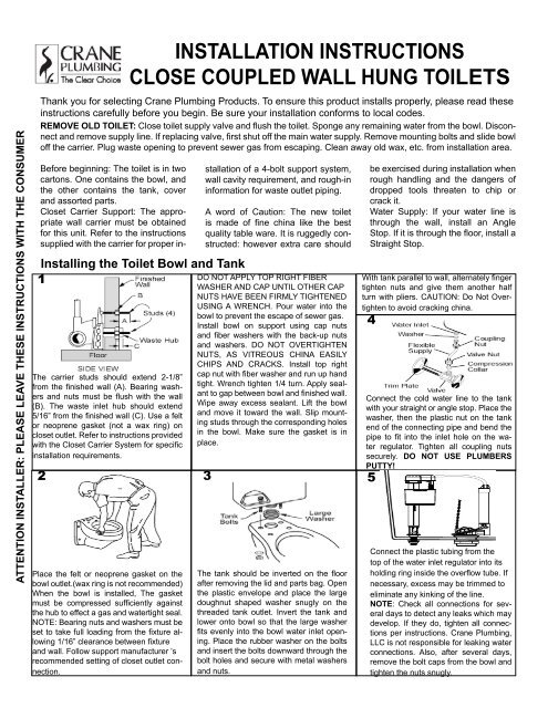 Installation Instructions Close Coupled Wall Hung Crane Plumbing - Wall Mounted Toilet Fitting Instructions