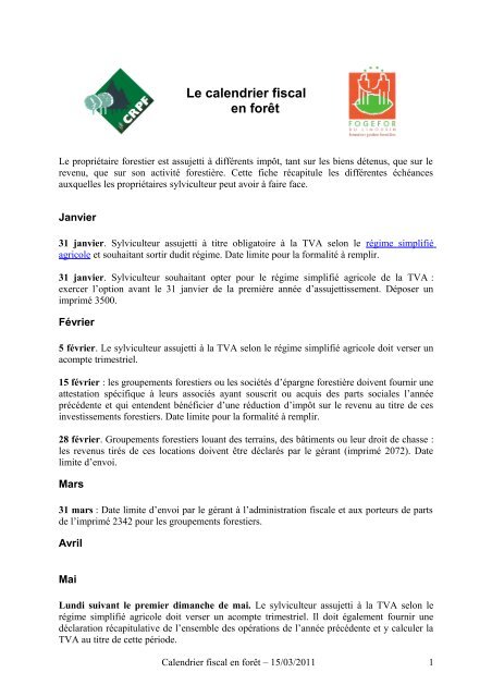 Le calendrier fiscal en forÃªt - CRPF Limousin