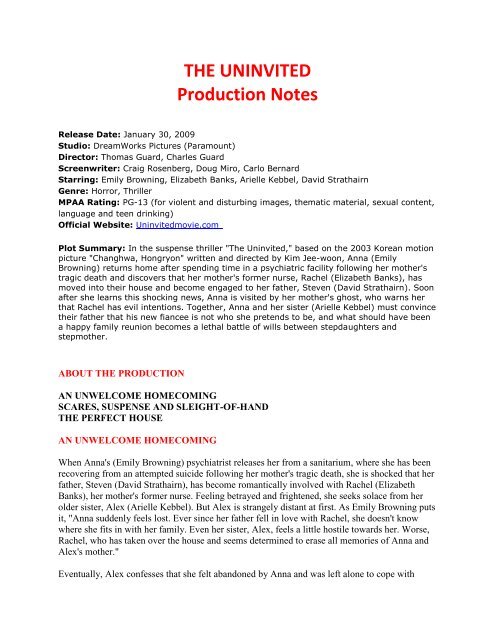 THE UNINVITED Production Notes - Visual Hollywood