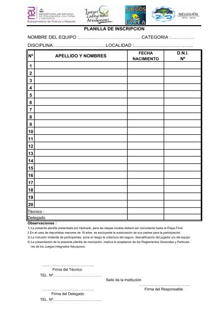 Planilla De Inscripcion Deportesneuquen Gov Ar